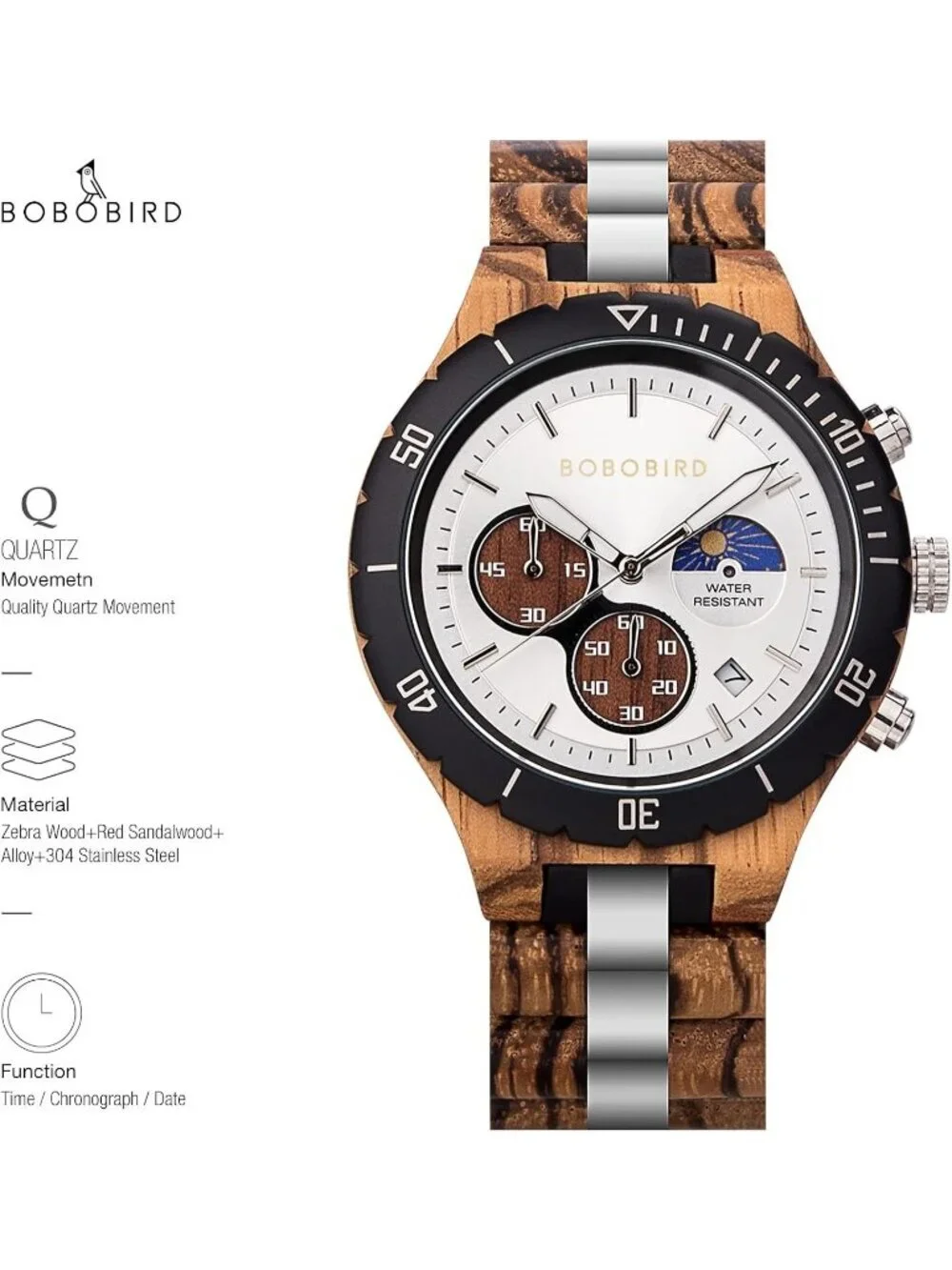 Men's Silver Stainless Steel Chronograph Sandalwood Alloy Quartz Wooden Watch